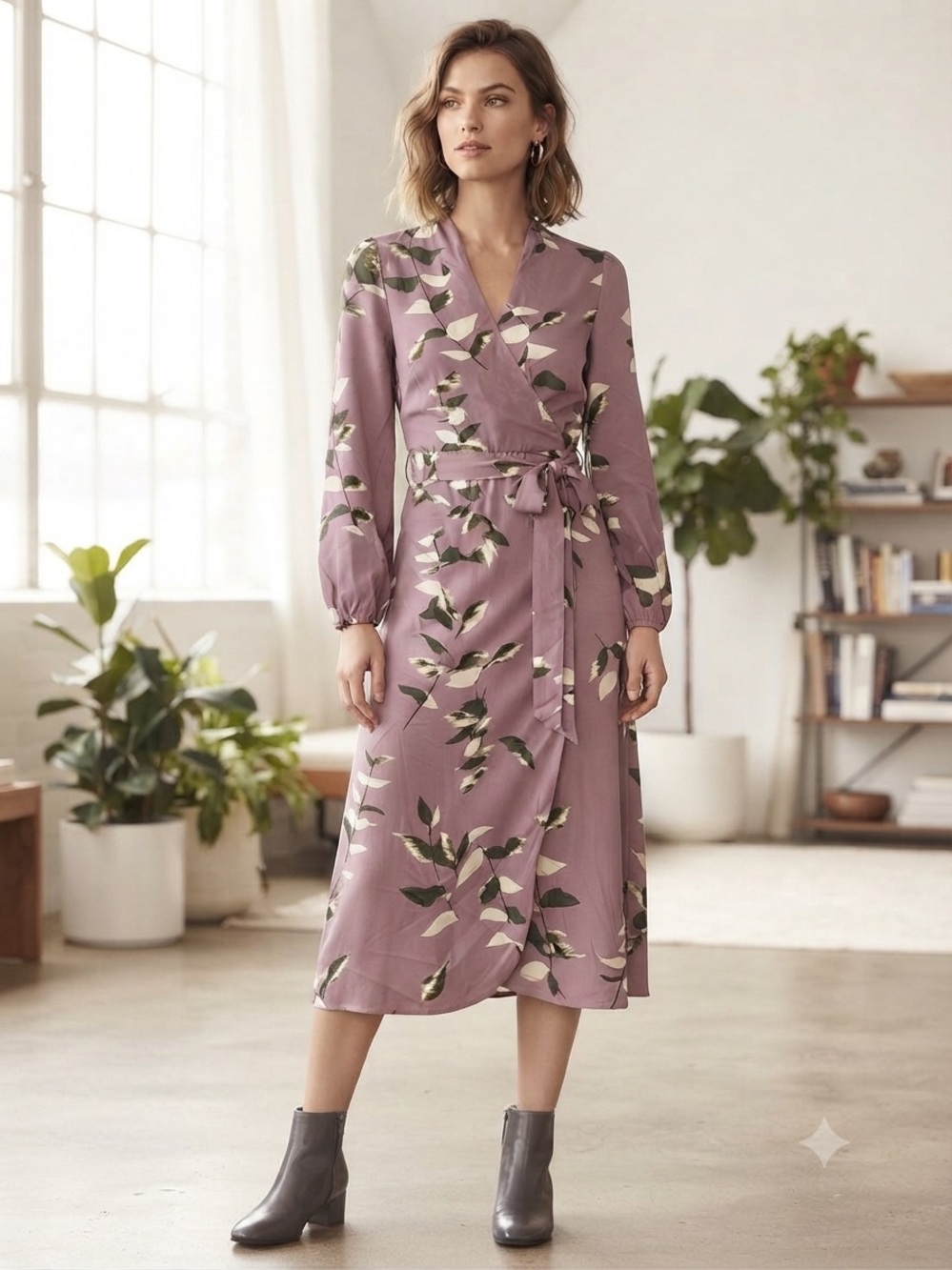 a new day Mauve Floral Wrap Midi Dress